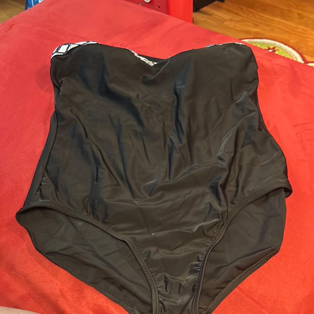 BlackXL Merona one piece with silver metallic and purple detailing around top